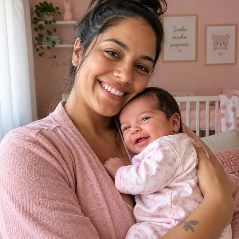 Mãe sorrindo com seu bebê no colo